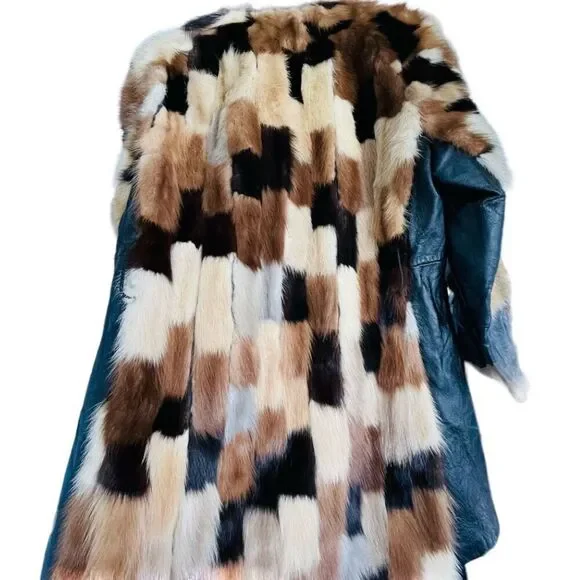 FUR COAT Genuine Y2K Vintage Rabbit Fur Leather Patchwork Long Belted Winter Coa